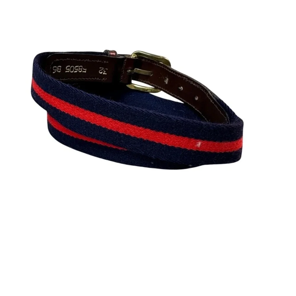 Mens Navy Red Striped Canvas Leather Surcingle Belt Brass Buckle 32 58505 86